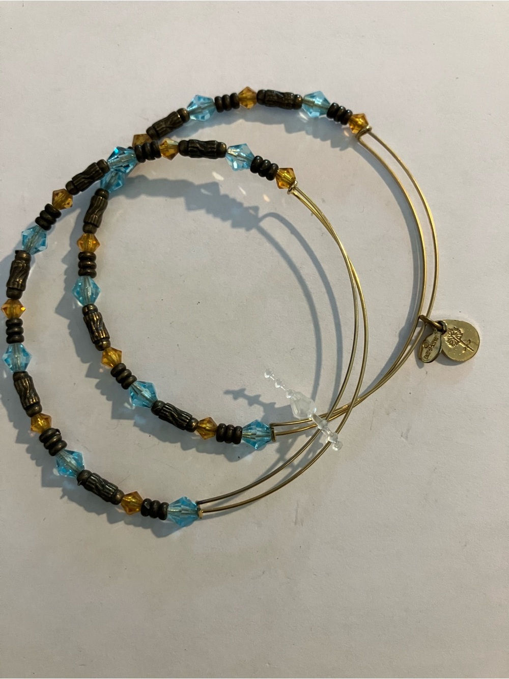 Alex and Ani Gold Wire Bracelets with Blue and Amber Beads